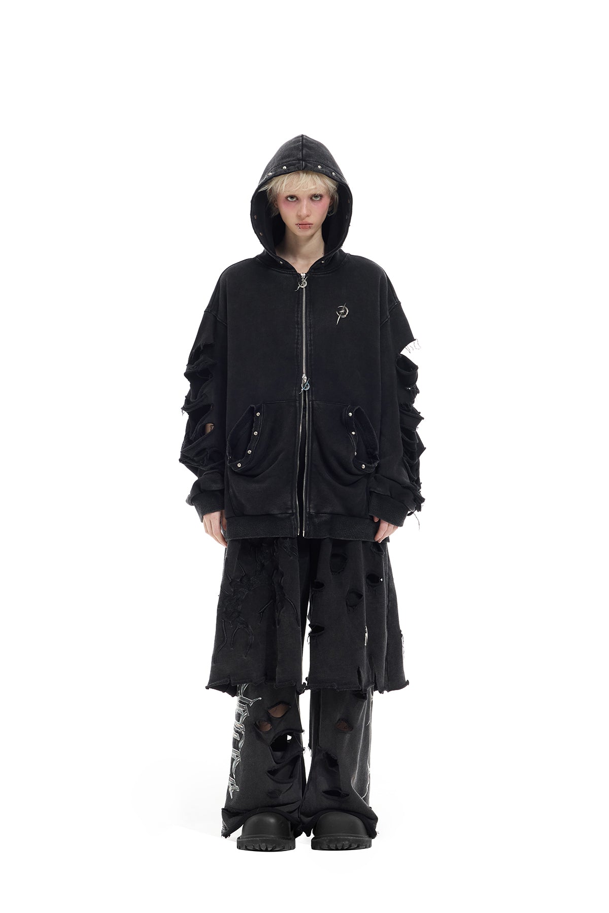 PINKSPINK Dark Y2K Distressed Zip Hoodie
