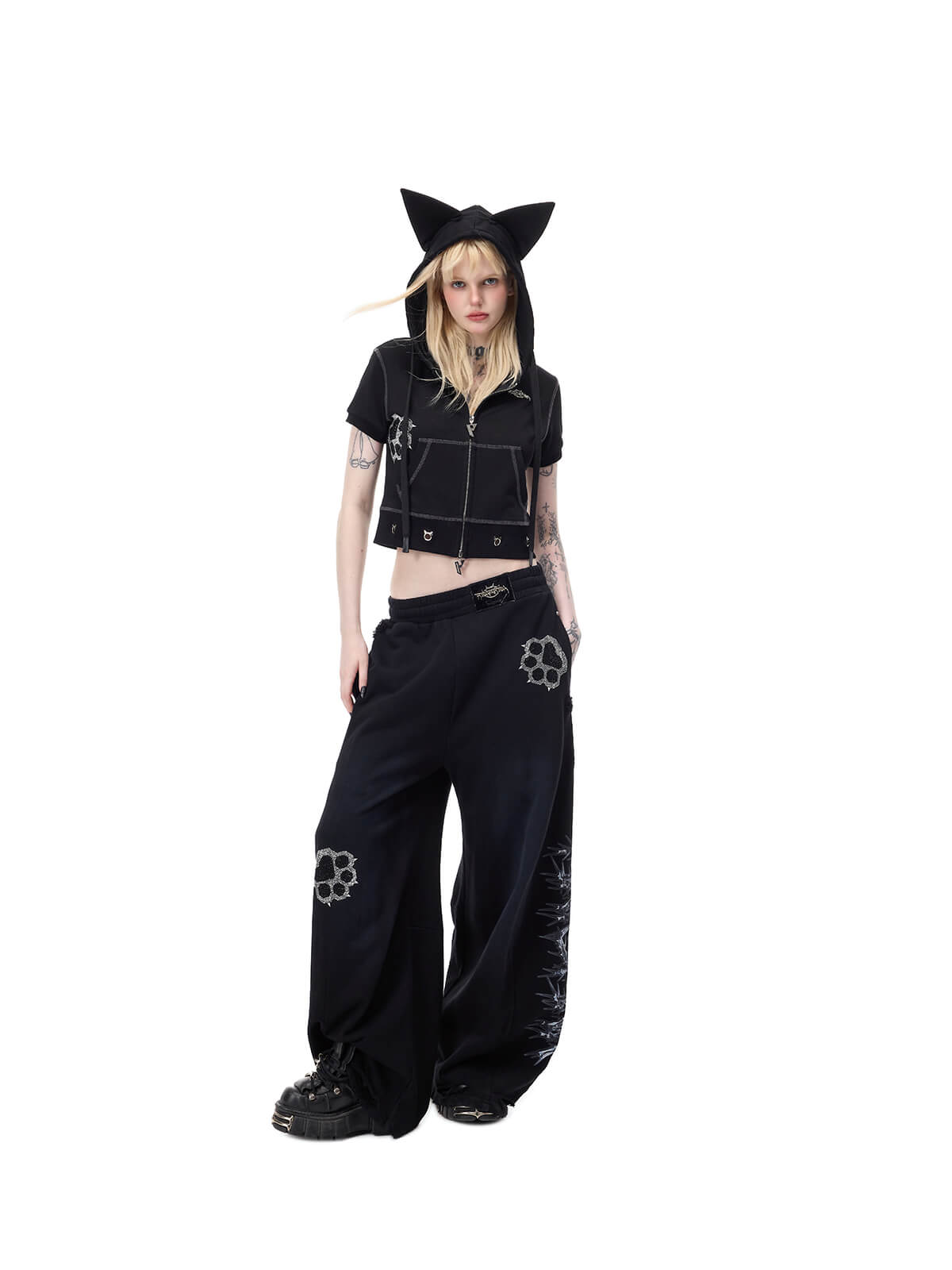 <tc>PINKSPINK</tc> Y2K 라인스톤 고양이 발바닥 와이드 팬츠