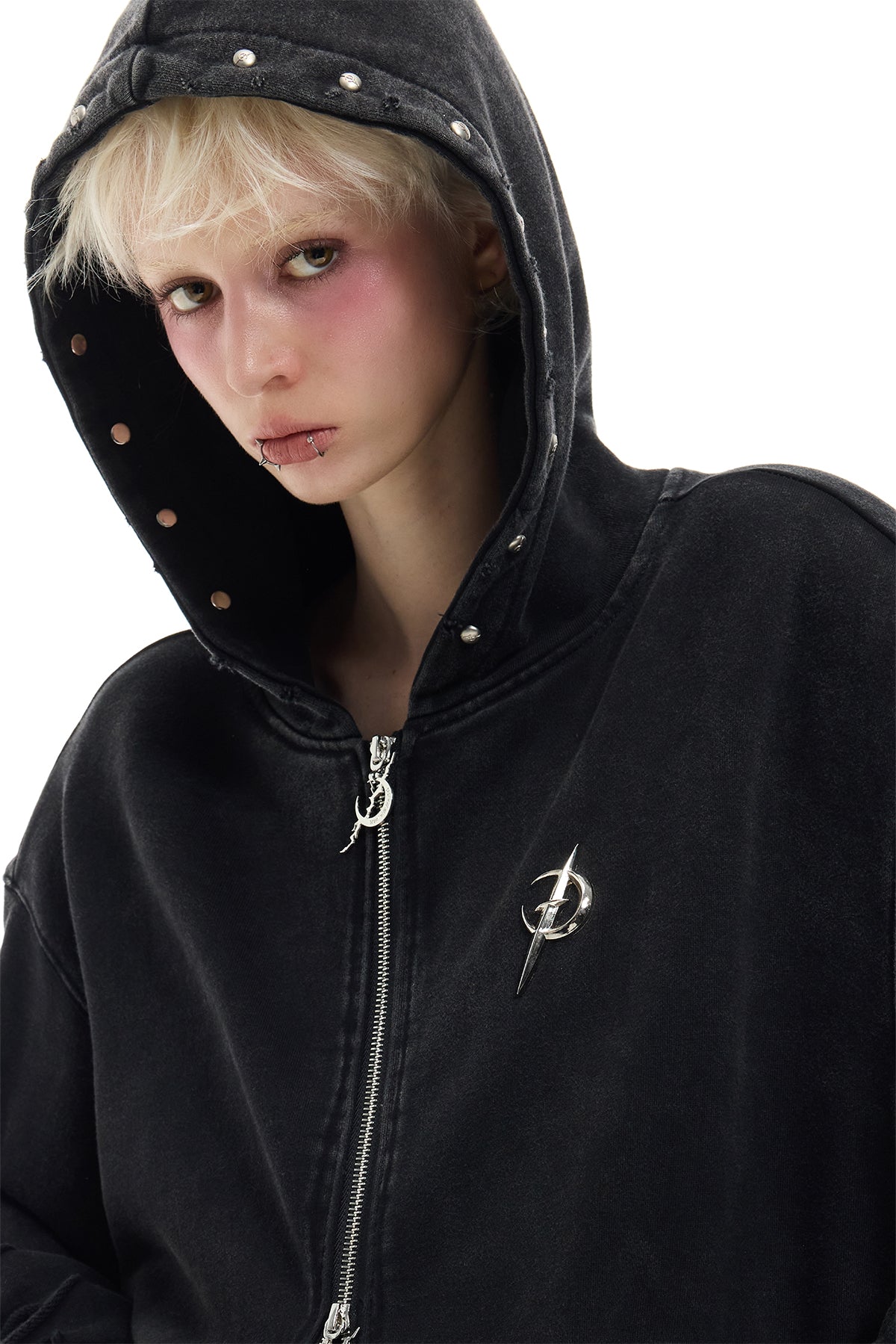 PINKSPINK Dark Y2K Distressed Zip Hoodie
